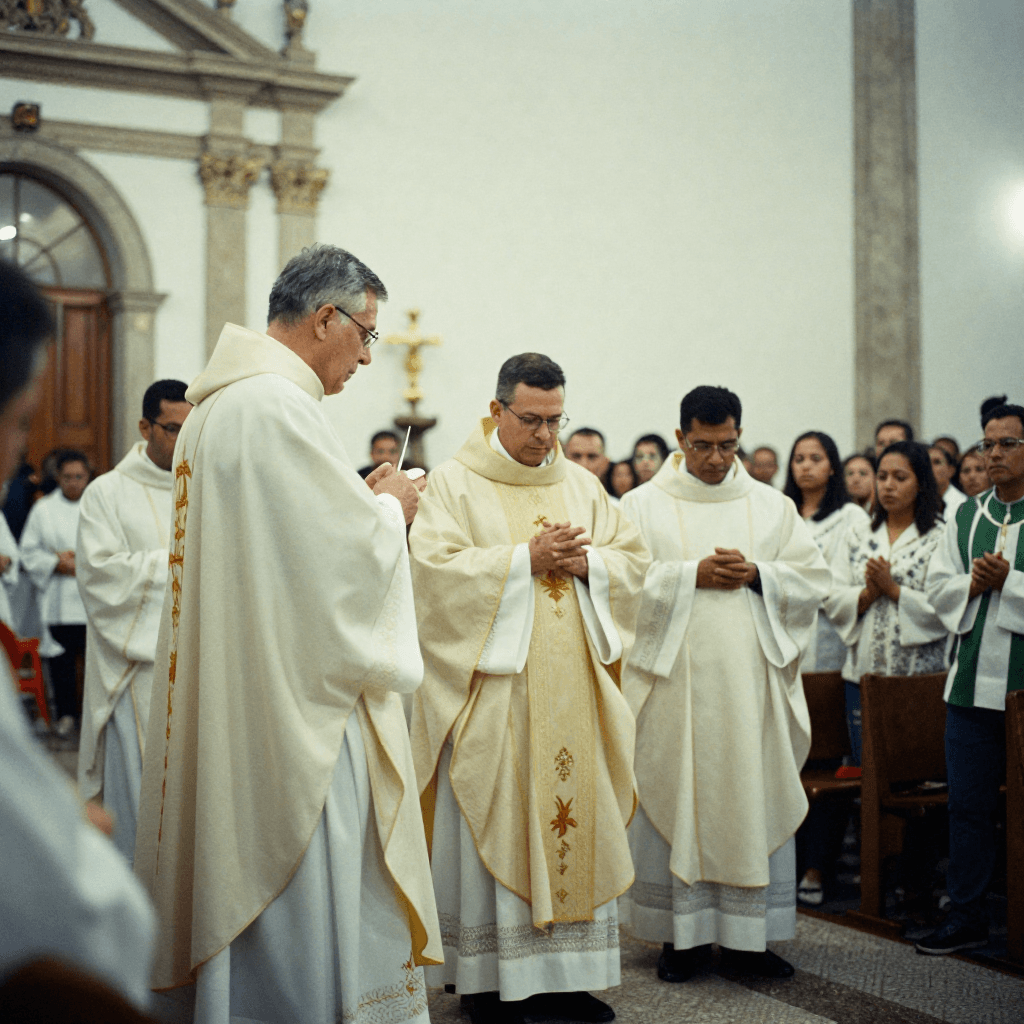 Fiéis em pé durante a celebração litúrgica